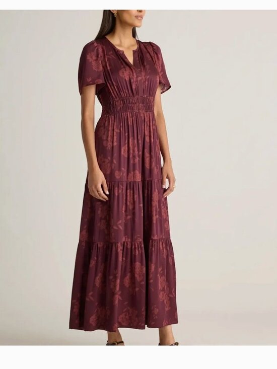 Quince Dresses & Skirts - Quince Washable Silk Tiered Maxi Dress XL Burgundy Floral Wedding Guest NEW